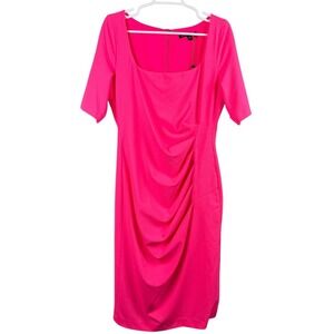 Black Halo Women's Dress 14 Pink Square Neck Short Sleeve Pleated Sheath